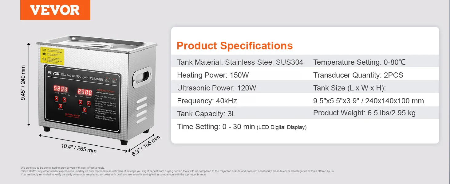 Limpiador ultrasónico VEVOR, acero inoxidable, 3l, calentamiento 170w, potencia ultrasónica 80w, pantalla digital led.