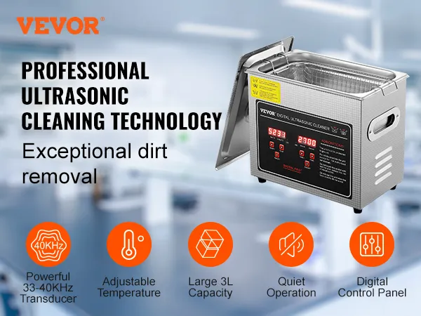 Limpiador ultrasónico VEVOR con panel de control digital, capacidad de 3l, temperatura ajustable y funcionamiento silencioso.