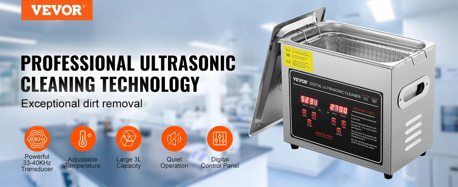 Myjka ultradźwiękowa VEVOR z cyfrowym panelem sterowania, pojemnością 3 l, regulowaną temperaturą i cichą pracą.