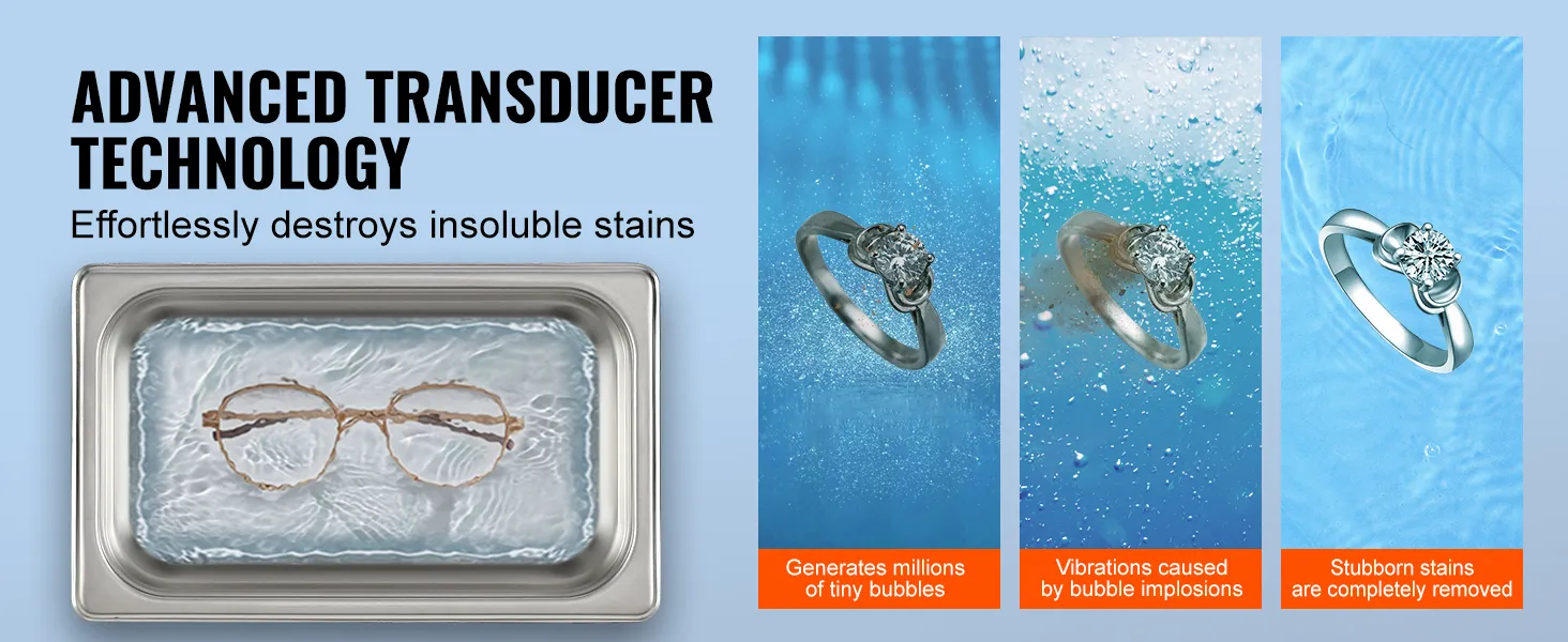 El limpiador ultrasónico VEVOR con tecnología avanzada de transductor elimina las manchas insolubles de gafas y anillos.