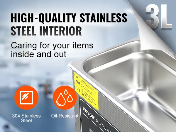 Limpiador ultrasónico VEVOR 3l con acero inoxidable 304, resistente al aceite, interior de alta calidad.