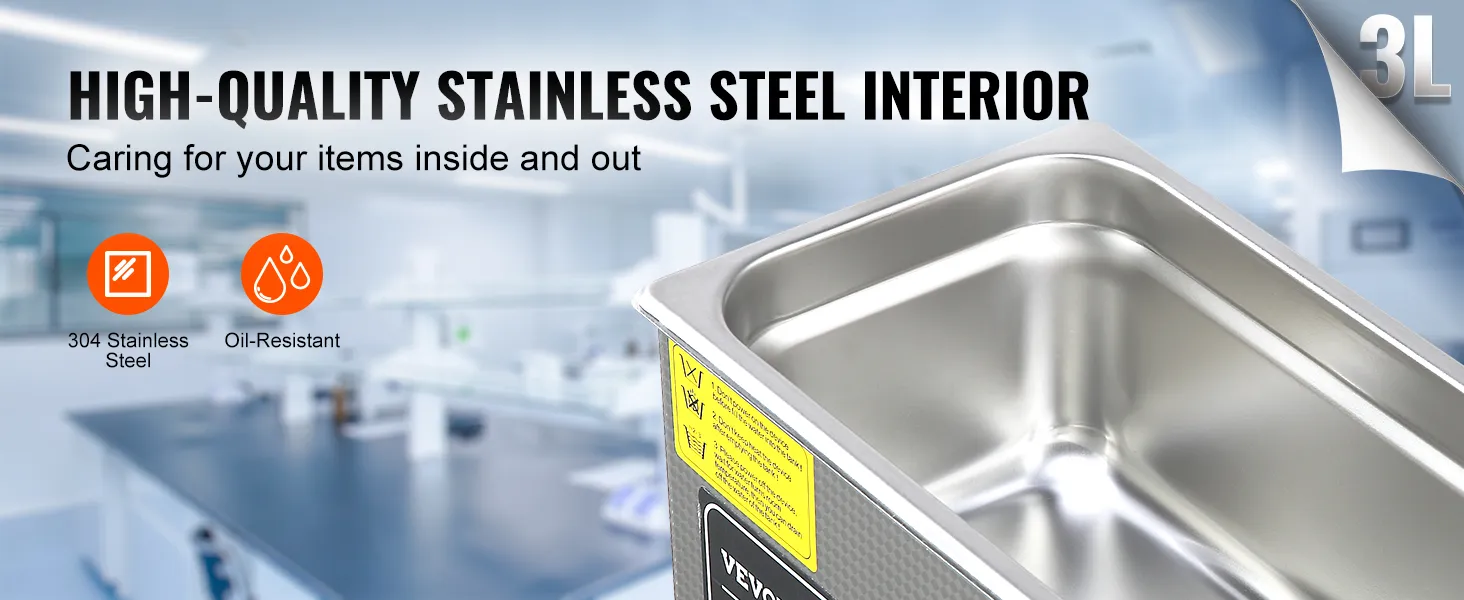 Limpiador ultrasónico VEVOR 3l con acero inoxidable 304, resistente al aceite, interior de alta calidad.