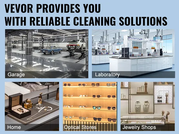 Limpiador ultrasónico VEVOR mostrado con aplicaciones en garajes, laboratorios, hogares, ópticas y joyerías.