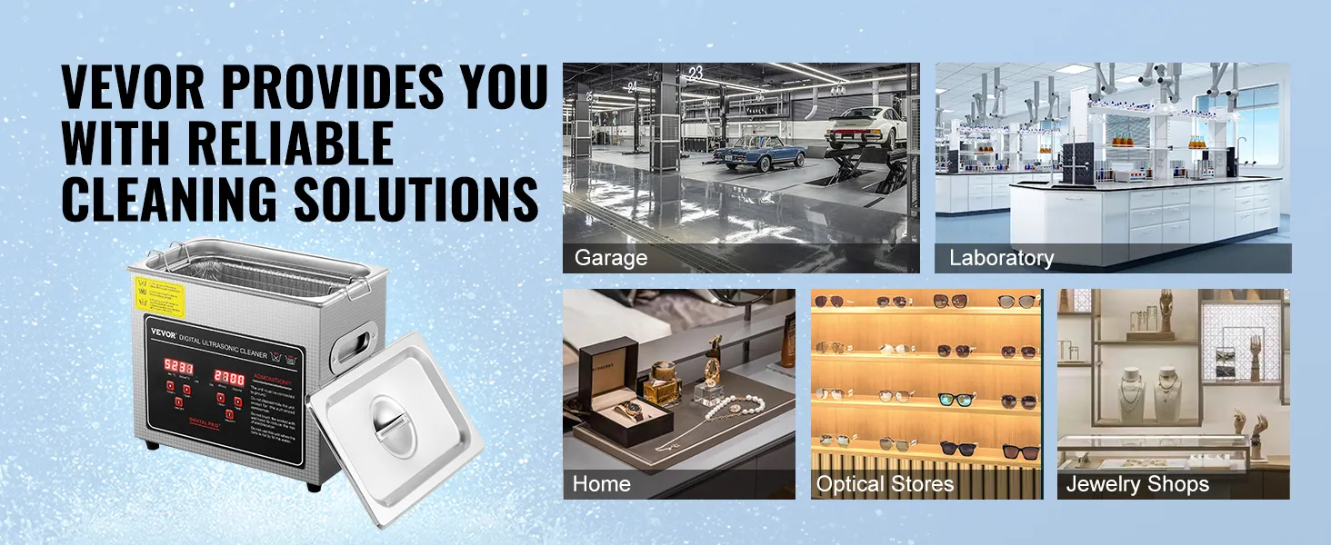 Limpiador ultrasónico VEVOR mostrado con aplicaciones en garajes, laboratorios, hogares, ópticas y joyerías.