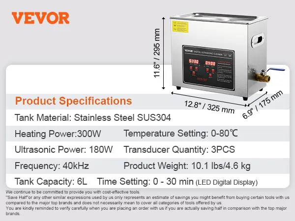 Limpiador ultrasónico VEVOR kz-d6 con tanque de acero inoxidable, calentamiento de 350w y capacidad de 6l.