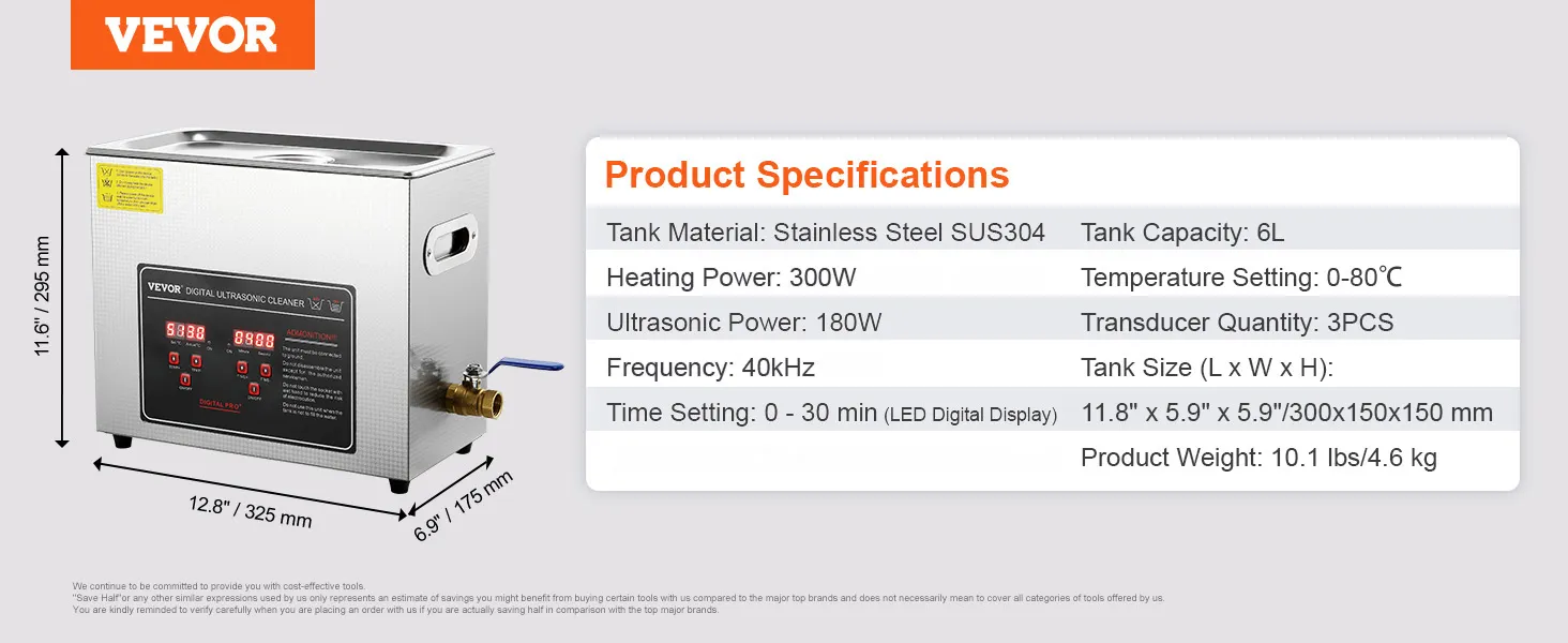 Limpiador ultrasónico VEVOR kz-d6 con tanque de acero inoxidable, calentamiento de 350w y capacidad de 6l.