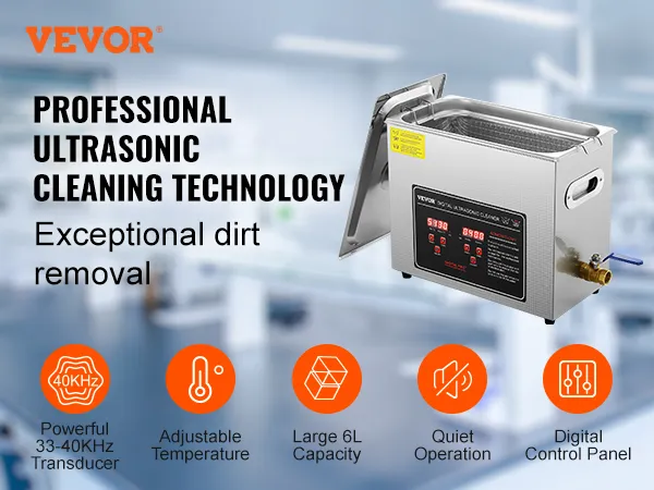 Limpiador ultrasónico VEVOR en entorno de laboratorio con controles digitales, temperatura ajustable y capacidad de 6 l.