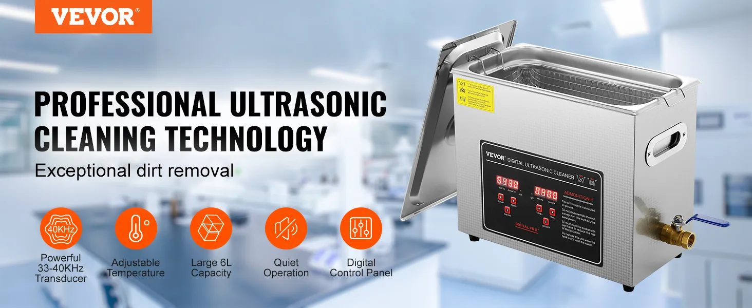 VEVOR ultrasoonreiniger in een laboratoriumopstelling met digitale bediening, instelbare temperatuur en een capaciteit van 6 liter.