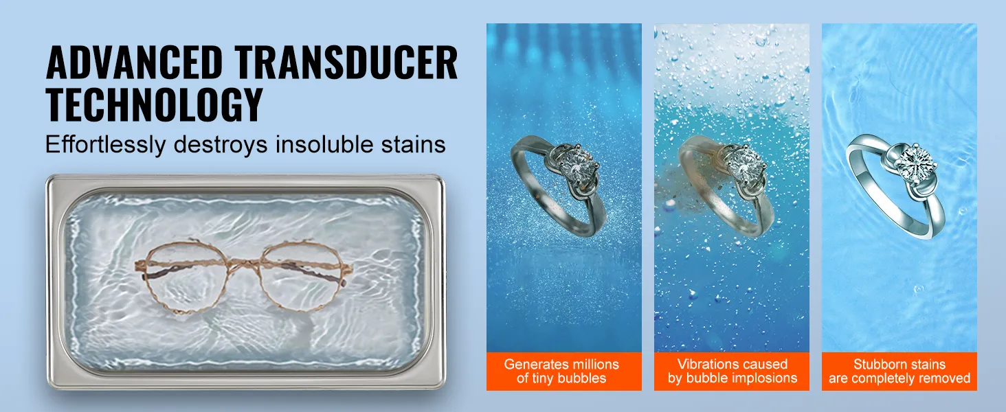 Limpiador ultrasónico VEVOR con tecnología de transductor para limpiar gafas y joyas sin esfuerzo.