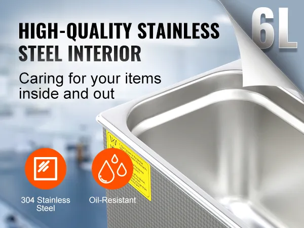 Limpiador ultrasónico VEVOR 6l con interior de acero inoxidable de alta calidad, resistente al aceite, acero inoxidable 304.