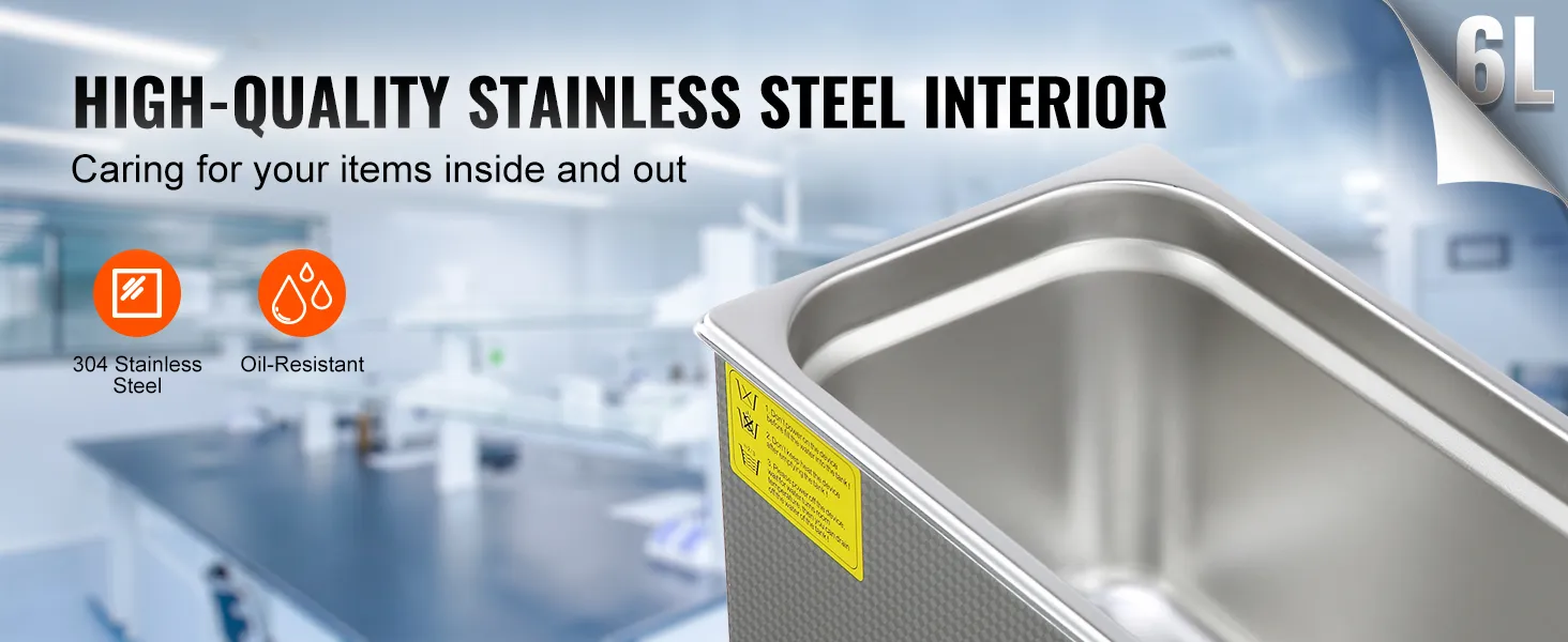 Limpiador ultrasónico VEVOR 6l con interior de acero inoxidable de alta calidad, resistente al aceite, acero inoxidable 304.