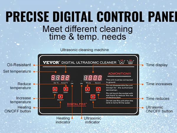 Limpiador ultrasónico VEVOR con panel de control digital preciso para configurar el tiempo de limpieza y la temperatura.