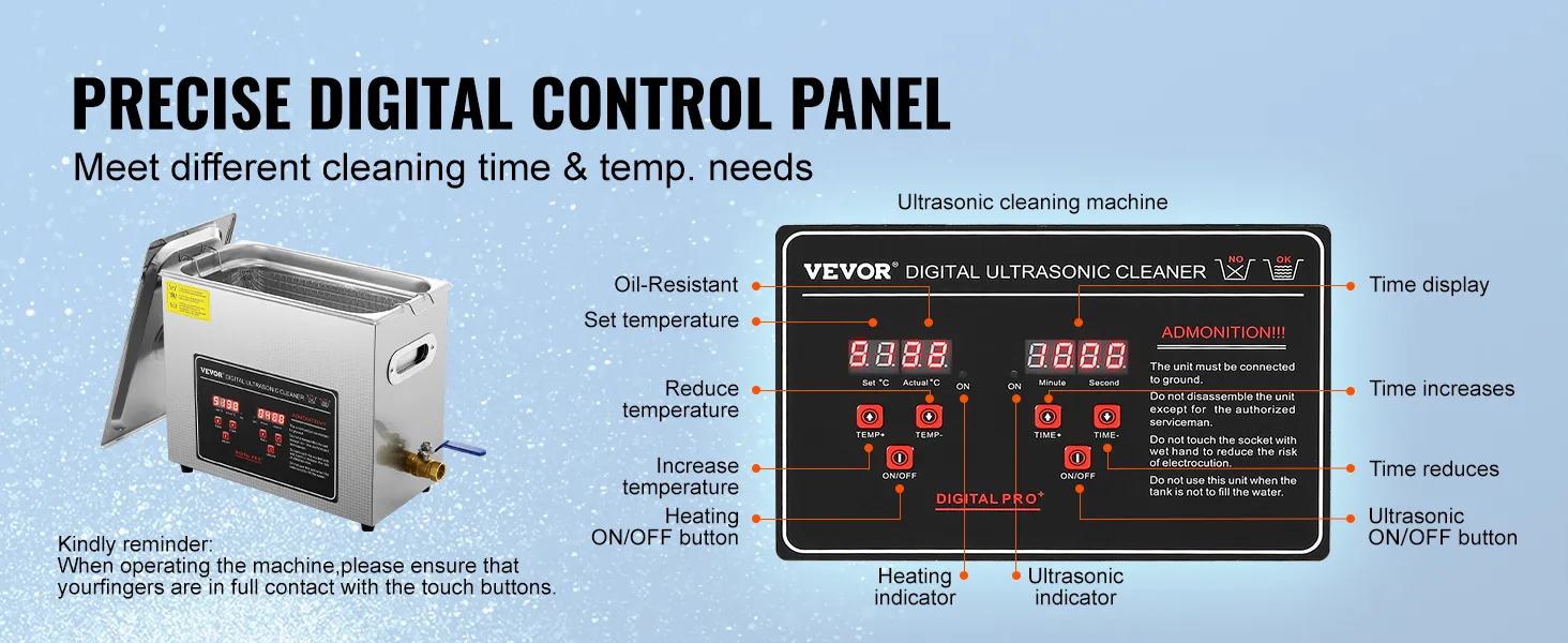 Limpiador ultrasónico VEVOR con panel de control digital preciso para configurar el tiempo de limpieza y la temperatura.