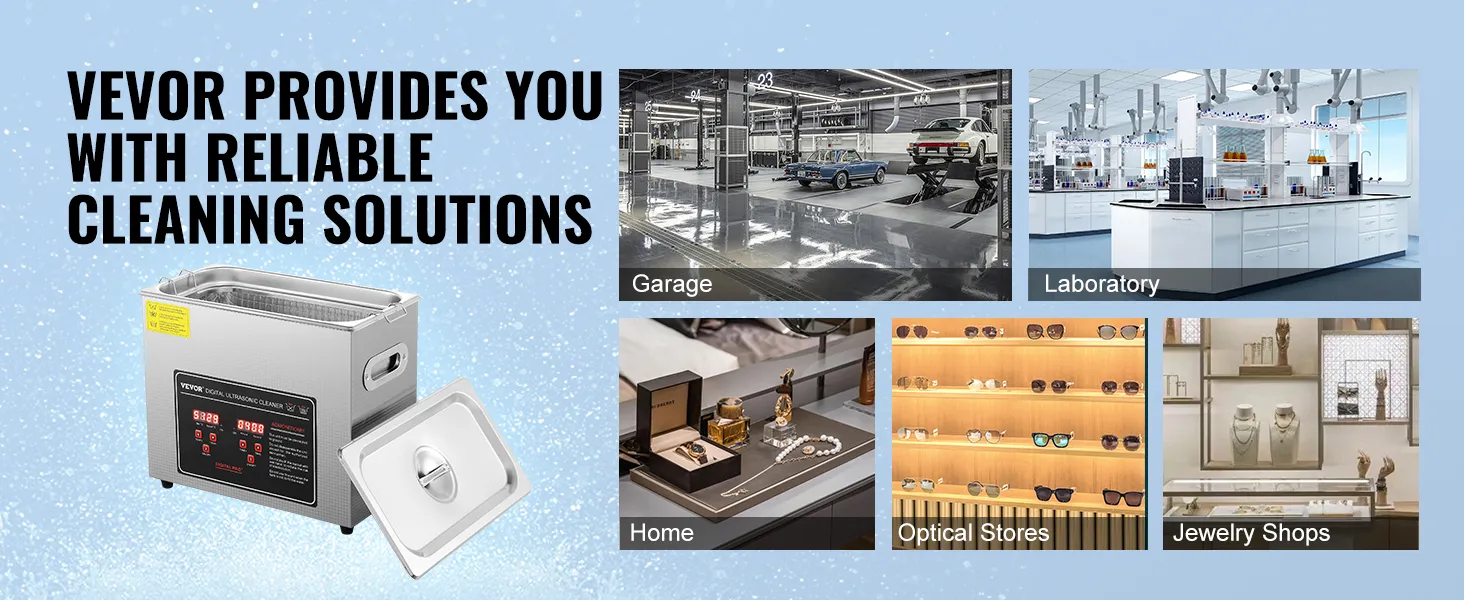 Limpiador ultrasónico VEVOR para una limpieza confiable en garajes, laboratorios, hogares, ópticas y joyerías.