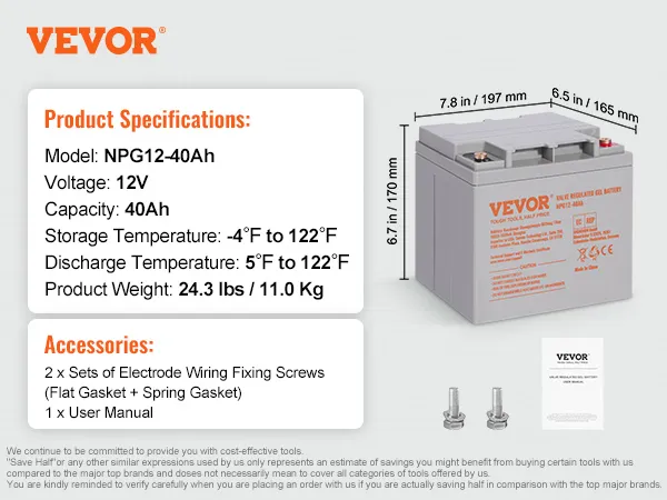 VEVOR deep cycle battery specs: 12v, 40ah, accessories, dimensions, user manual, fixing screws.