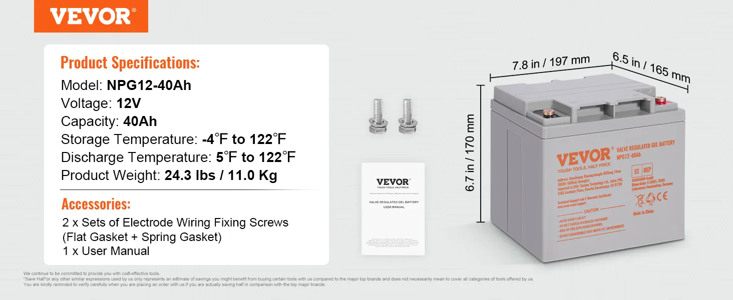 VEVOR deep cycle battery specs: 12v, 40ah, accessories, dimensions, user manual, fixing screws.