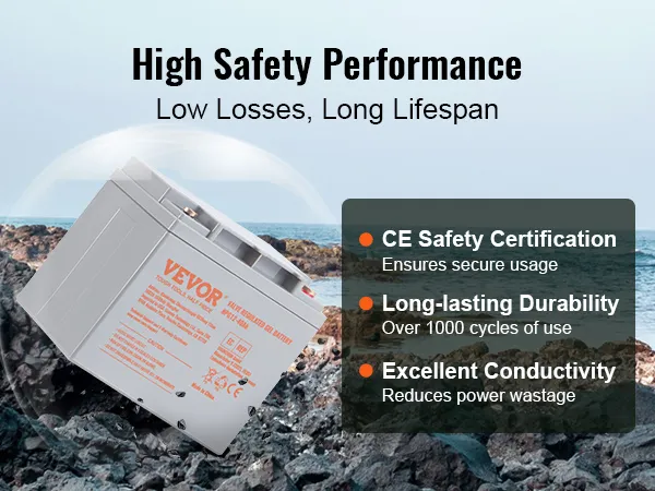 VEVOR deep cycle battery on rocky shore, highlighting high safety, long lifespan, and excellent conductivity