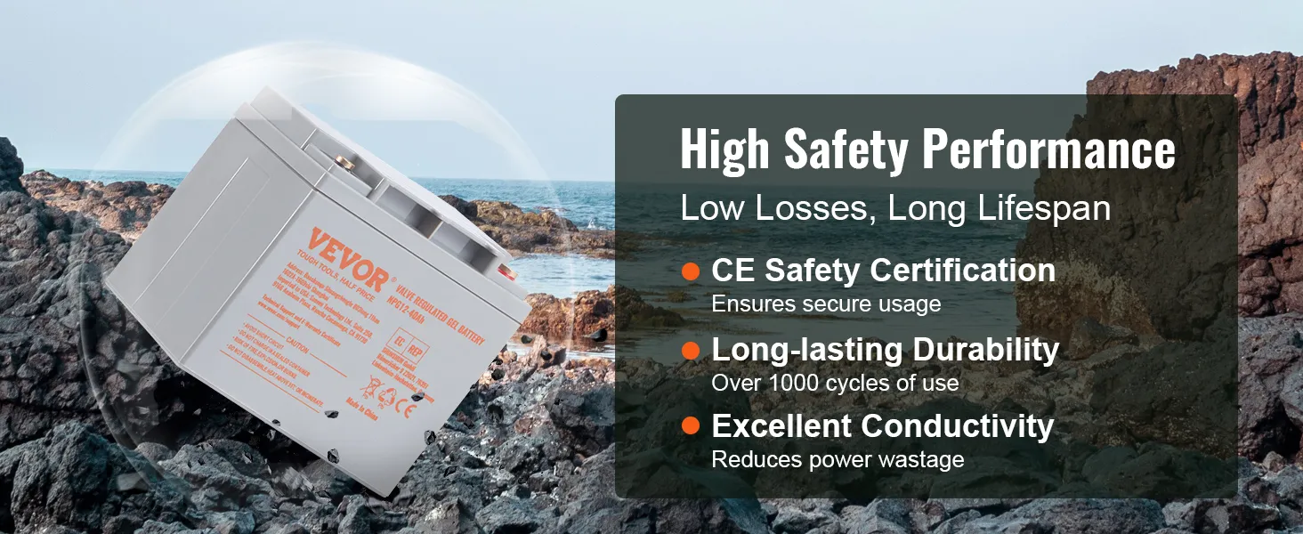 VEVOR deep cycle battery on rocky shore, highlighting high safety, long lifespan, and excellent conductivity
