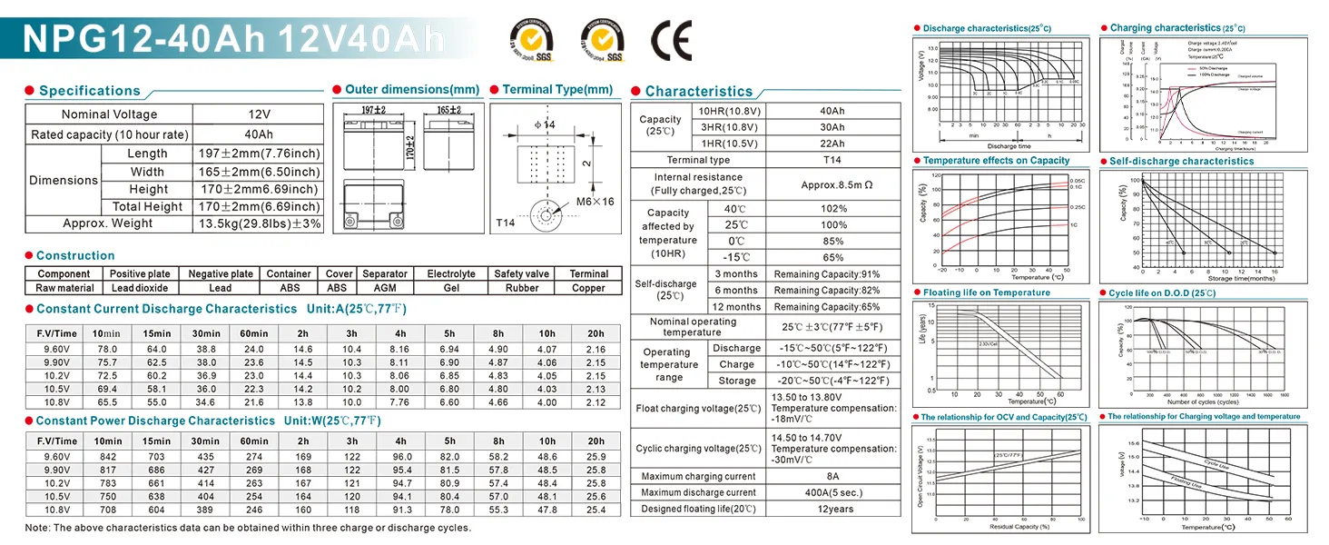 specifications and characteristics of the npg12-40ah 12v VEVOR deep cycle battery, including graphs.