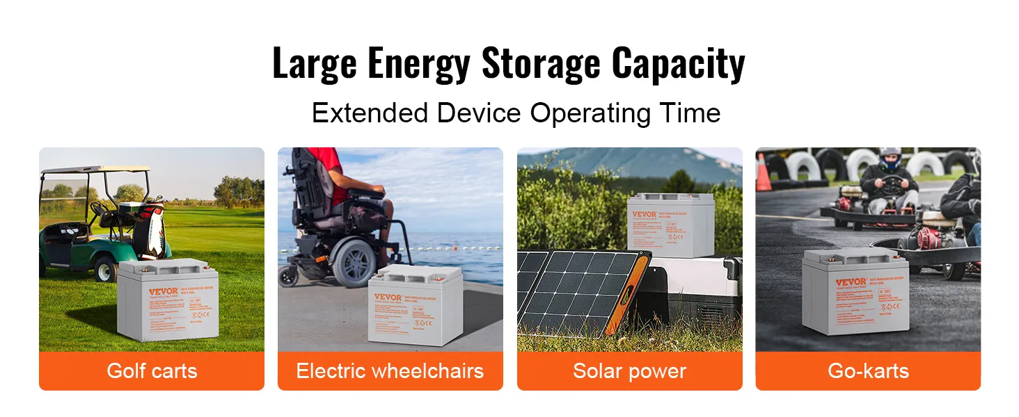 VEVOR deep cycle battery for golf carts, electric wheelchairs, solar power, and go-karts.