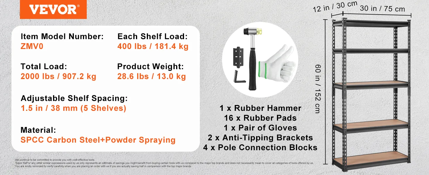 VEVOR heavy-duty shelving unit, 5 adjustable shelves, max load 2000 lbs, includes assembly tools.