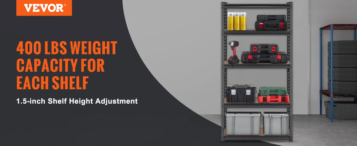 VEVOR garage shelves with 400 lbs capacity and adjustable height, storing tools and boxes in a garage.