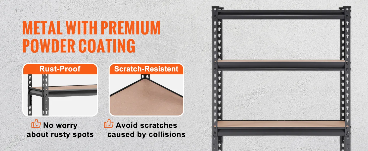 VEVOR garage shelves with rust-proof and scratch-resistant metal with premium powder coating.