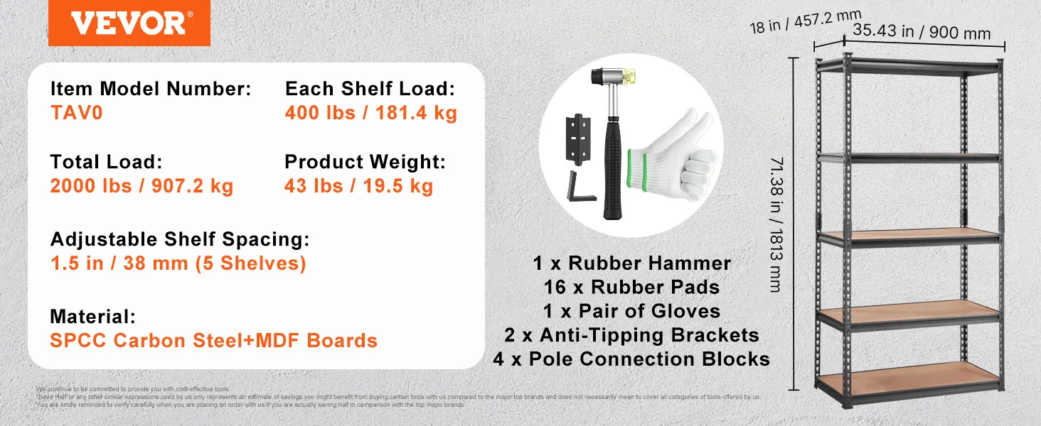 VEVOR garage shelving unit with 5 adjustable shelves, spcc carbon steel, mdf boards, 2000 lbs load.