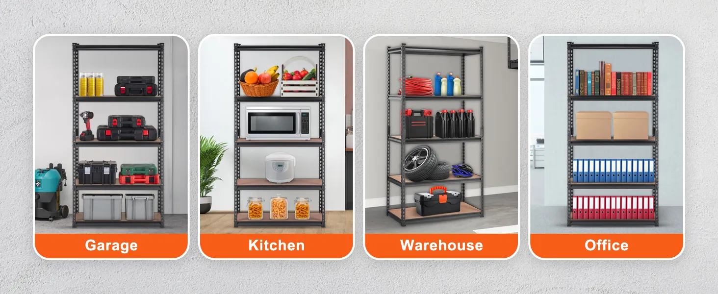 VEVOR garage shelving unit displaying organizational options for garage, kitchen, warehouse, and office.