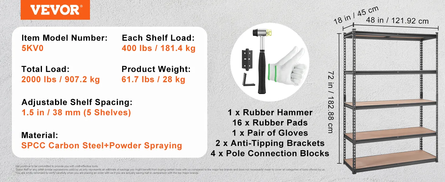VEVOR heavy duty garage shelves, 5kv0, 2000 lbs capacity, spcc steel, 5 adjustable shelves, 48"x18"x72".