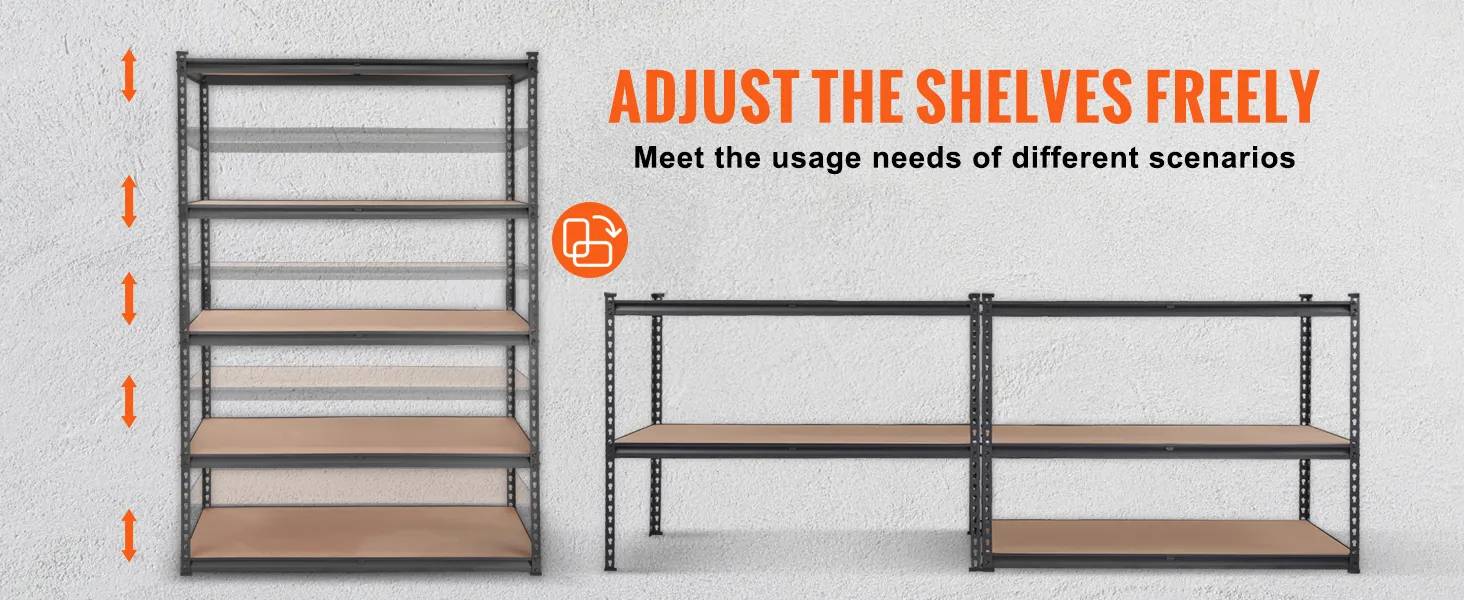 adjustable VEVOR heavy duty garage shelves in vertical and horizontal configurations for versatile storage solutions.