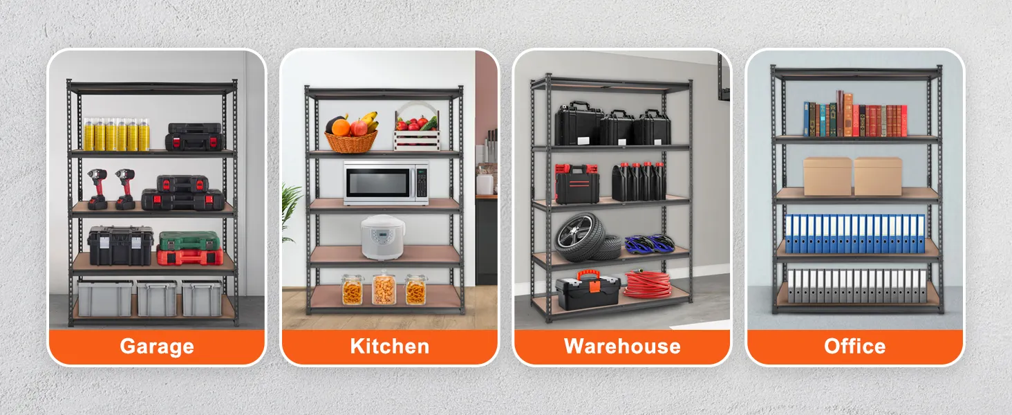 VEVOR heavy duty garage shelves in garage, kitchen, warehouse, and office setups.