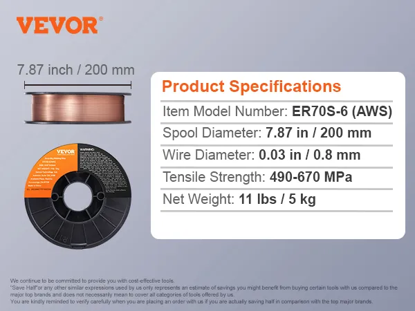 VEVOR mig welding wire er70s-6, 0.8mm diameter, 11 lbs spool, 490-670 mpa tensile strength.