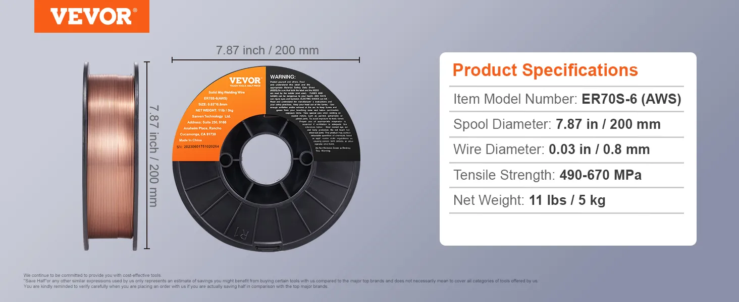 VEVOR mig welding wire er70s-6, 0.8mm diameter, 11 lbs spool, 490-670 mpa tensile strength.