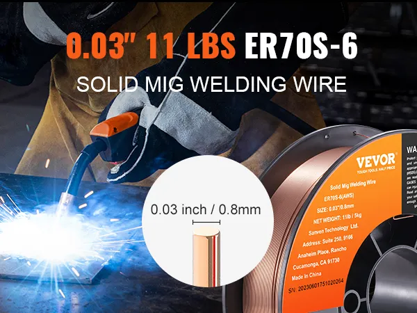 VEVOR mig welding wire er70s-6, 0.03" 11 lbs, solid mig wire details with welding action close-up.