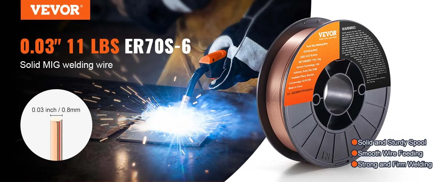 VEVOR mig welding wire er70s-6, 0.03" 11 lbs, solid mig wire details with welding action close-up.