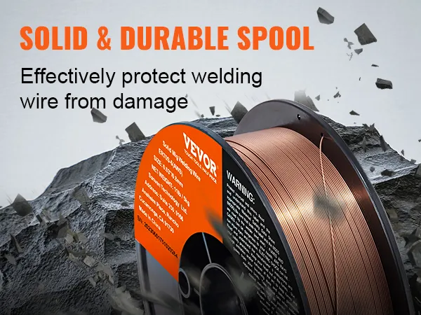VEVOR mig welding wire solid and durable spool protecting wire from damage against a rocky background.