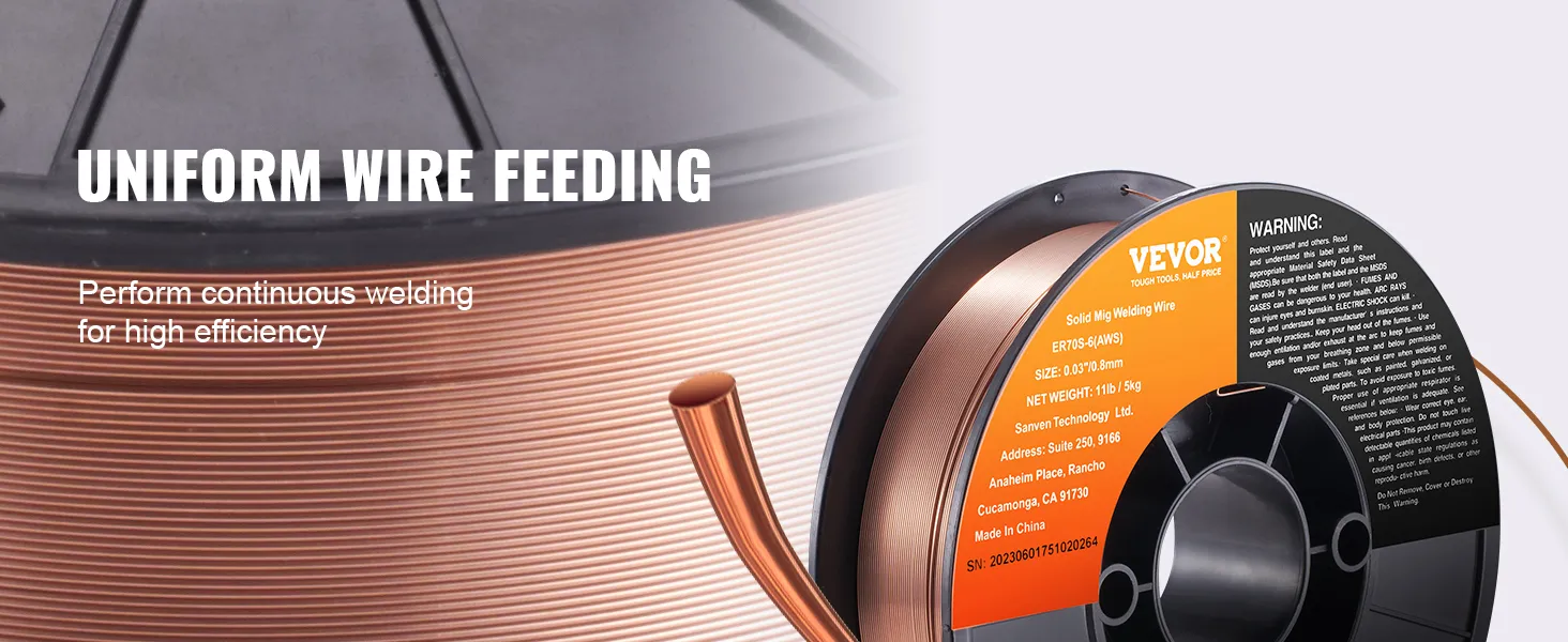 VEVOR mig welding wire with uniform wire feeding for high-efficiency continuous welding.