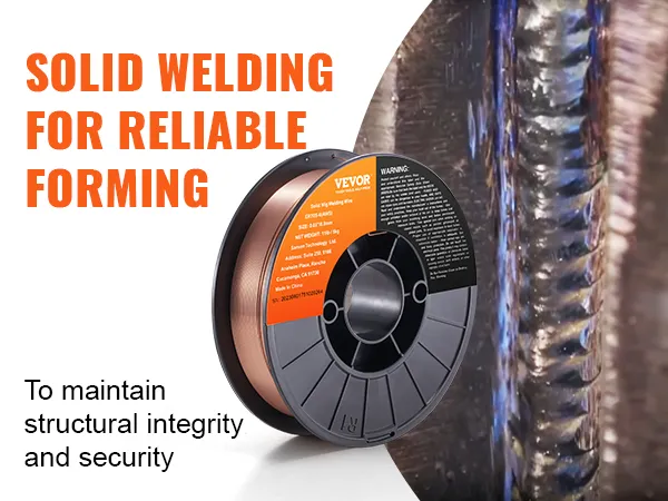 VEVOR mig welding wire spool highlighting its use for solid welding with an example weld joint.