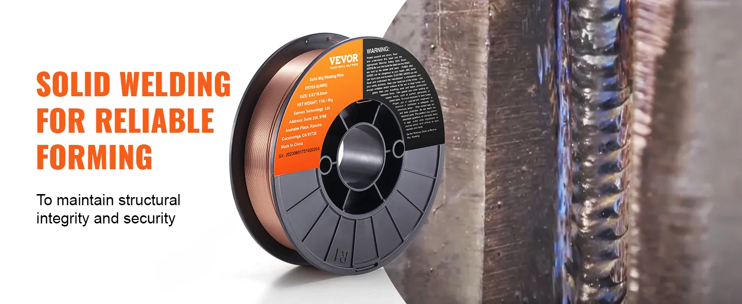 VEVOR mig welding wire spool highlighting its use for solid welding with an example weld joint.