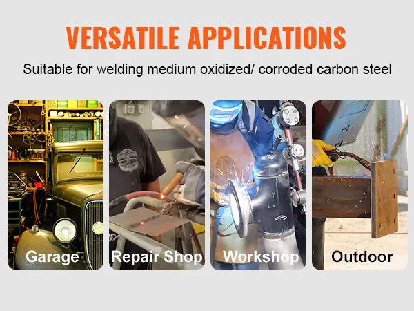 versatile uses of VEVOR mig welding wire in garage, repair shop, workshop, and outdoor settings.