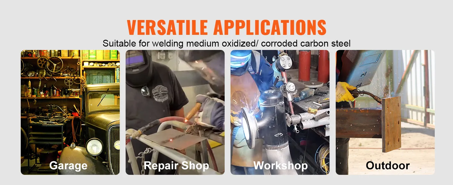 versatile uses of VEVOR mig welding wire in garage, repair shop, workshop, and outdoor settings.