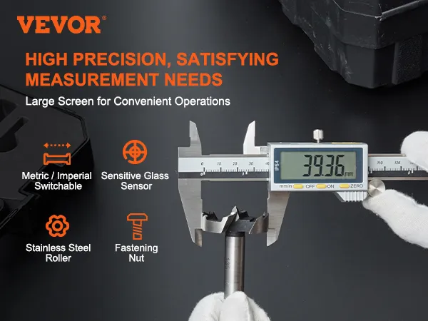 Calibrador digital VEVOR con pantalla grande, rodillo de acero inoxidable y sensor de vidrio sensible para mayor precisión.