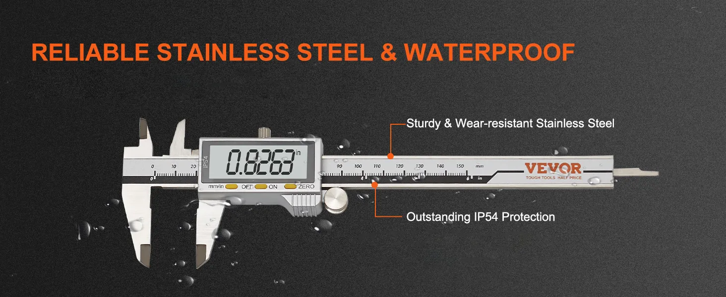 Calibrador digital VEVOR, acero inoxidable confiable, resistente al agua, protección ip54, diseño resistente al desgaste.