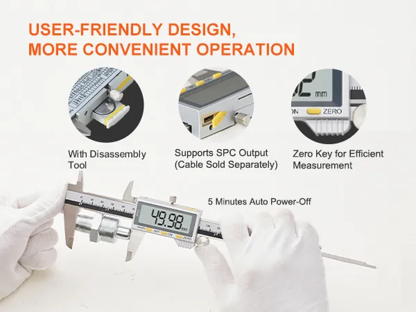 Calibrador digital VEVOR fácil de usar con herramienta de desmontaje, salida SPC, tecla cero y apagado automático.