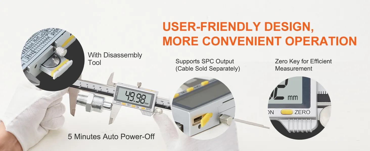 Calibrador digital VEVOR fácil de usar con herramienta de desmontaje, salida SPC, tecla cero y apagado automático.