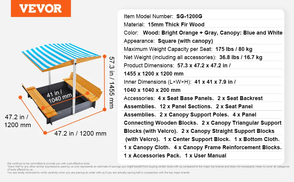 VEVOR wooden sandbox with blue and white canopy, specs highlighted, dimensions 1200mm x 1200mm.