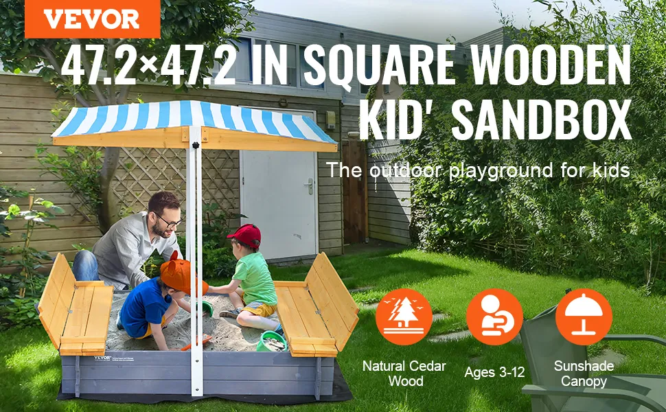 VEVOR wooden sandbox with canopy, natural cedar, for kids ages 3-12, in backyard setting.