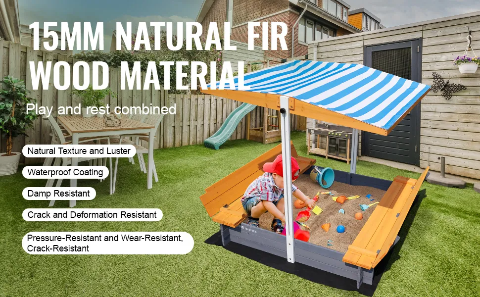 VEVOR wooden sandbox with canopy in a backyard, featuring 15mm natural fir wood material.