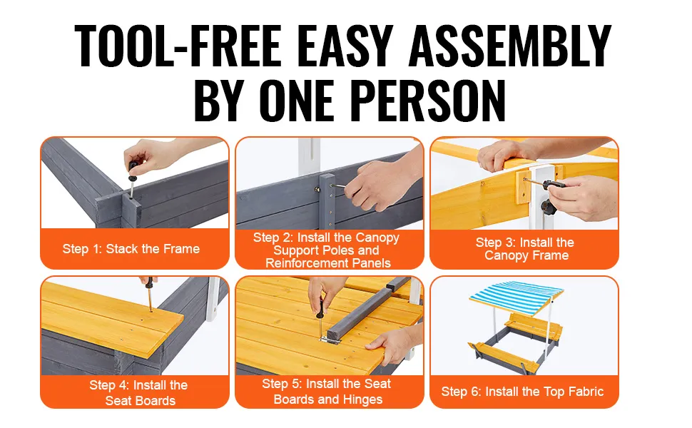 VEVOR wooden sandbox assembly steps with canopy, shown tool-free and by one person in six images.